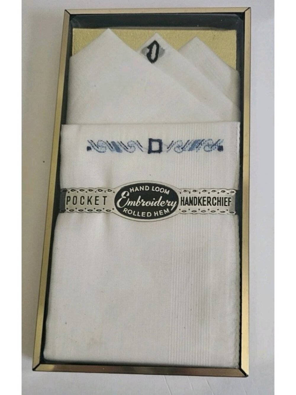 Monogram Handkerchief "D" VtgHand Loom Embroidery Continental Fold Pocket Box